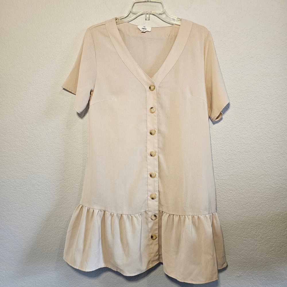 Entro Womens Beige Short Sleeve Button Front Ruffle Hem V-Neck Mini Dress Boho M